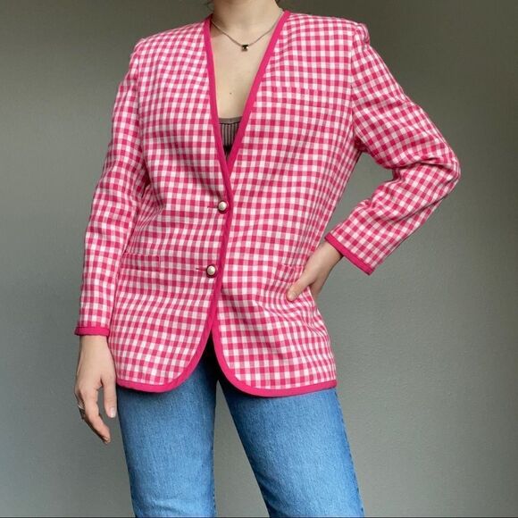 Vintage 80s Pink White Cotton Checkered Preppy Plaid Oversized Blazer Sz M - Picture 4 of 12